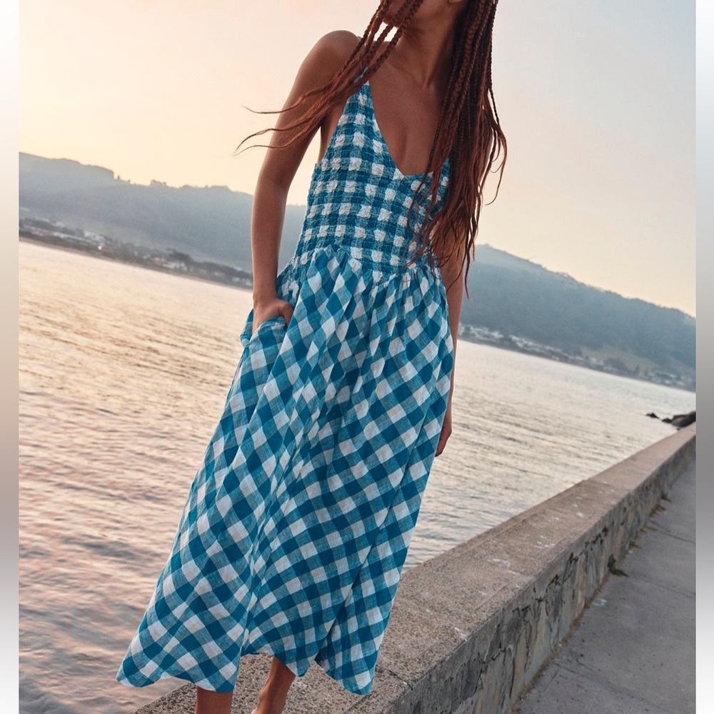 Free People gingham Midi dress with pockets